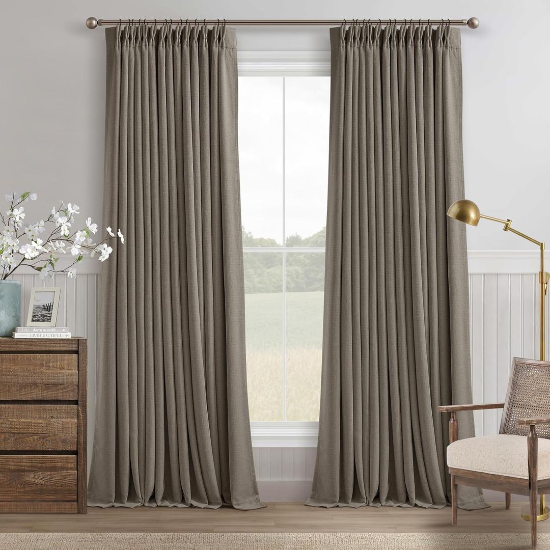 Flax Taupe Pinch Pleated Blackout Curtains 102 Inches Long for Bedroom 100% Black Out Thick Linen Dual Layer Pleated Drapes Farmhouse Country Brownish Gray 102 Inch Curtain for Dining Living Room