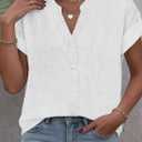 Button Down Shirts for Women Short Sleeve Cotton V Neck Tops Dressy Casual Loose Fit Office Work Blouses (M)