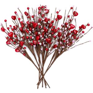 Valentines Day Decorations Floral Picks Stems - 8Pcs,16 Inch Artificial Red Berry Heart Shaped Branches Gift for Wedding Home Vase Decor
