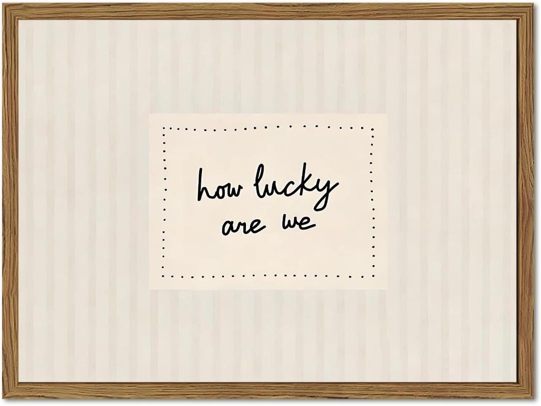 How Lucky Are We Wall Art Funky Preppy Inspirational Quote Sign Wall Decor Picture Trendy Minimalist Striped Poster Canvas Painting Print for Bedroom Living Room Dorm 24x16 inch Wood Framed