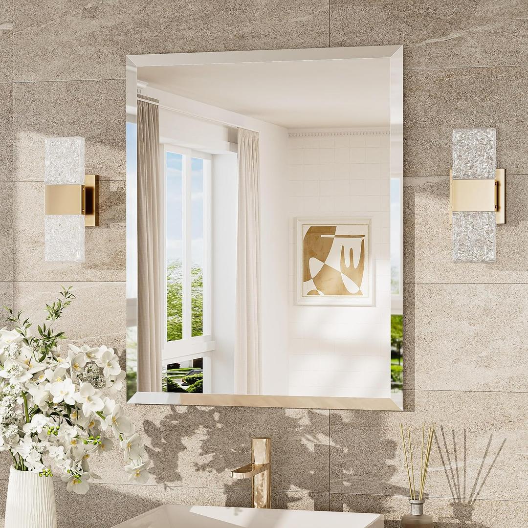 TokeShimi 24x30 Frameless Bathroom Mirror for Over Sink, Tempered Beveled Wall Mirror with 1" Beveled Edge, Shatterproof Rectangle Mirrored for Vanity, Living Room, Entryway, Restroom