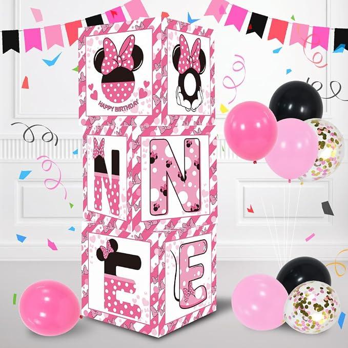 1st First Birthday Party Favors Balloon Boxes Supplies for Baby, Girls 3Pcs Pink Mouse Theme One Year Old Balloon Boxes, 'ONE' Letters Balloon Arch Kit for Party Decorations