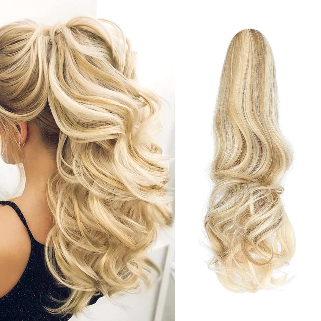 Ponytail Extension Clip in Claw 18" Curly Wavy Pony Tails Clip-on Long Hairpiece Jaw for Women Ash Blonde Mix Light Bleach Blonde