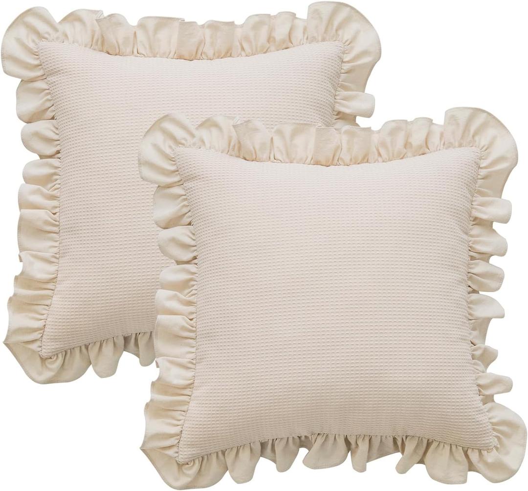Waffle Weave Textured Throw Pillow Covers Set of 2 with Washed Cotton Retro Ruffle Flounces Trim Solid Decorative Pillow Cases for Home Livingroom and Bedroom Decor 18x18 Inch (Beige, 18x18 in)