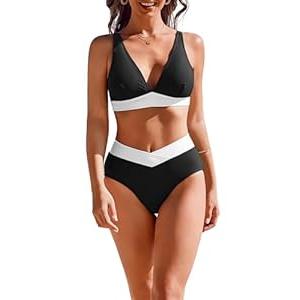 AI'MAGE High Waisted Bikini Set for Women Tummy Control Women's 2 Piece Bathing Suit V Neck Sexy Color Block Swimsuit 2025 , S