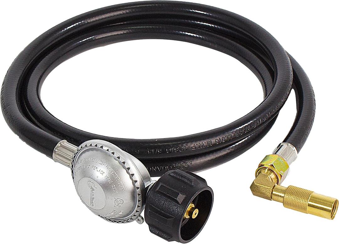6FT Propane Adapter Hose with Regulator and Elbow Adapter, Fits Blackstone 17 inch and 22 inch Table Top Griddle, Flat Pressure Relief Valve, 3/8'' Connect Fitting