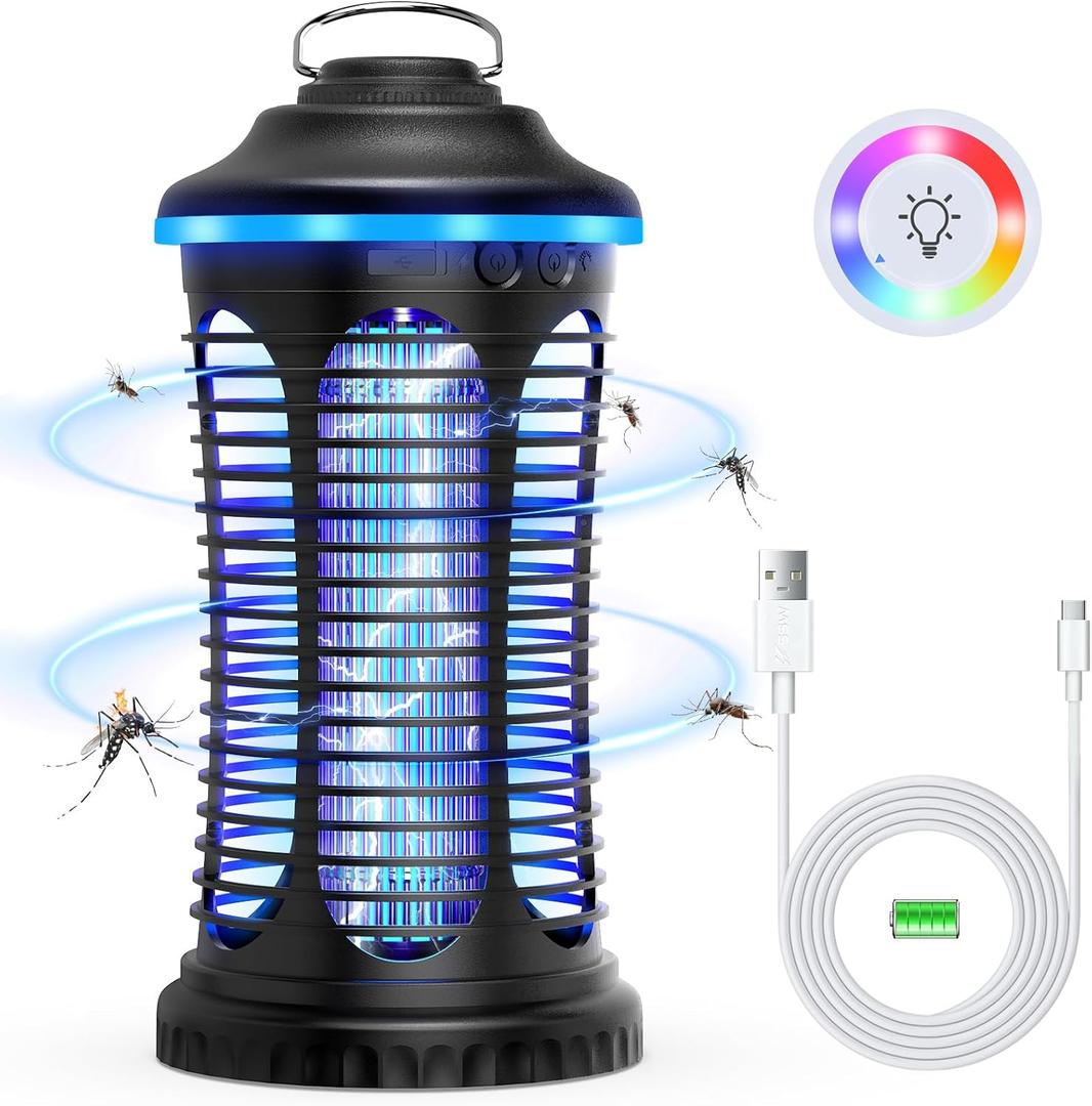 Rechargeable Bug Zapper Outdoor & Indoor, Mosquito Zapper, Fruit Fly Trap, Gnat Moths Catcher, 4200V Grid, USB Charging, 4000mAh Battery, Fit for Home, Kitchen, Backyard, Camping, Patio, Black
