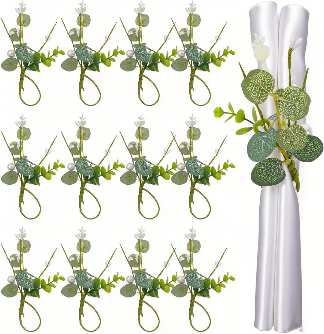 Napkin Rings Set of 12, Eucalyptus Leaf Napkin Rings for Dining Table Decoration, Flower Napkins Rings Holder with Pearl for Farmhouse, Wedding Banquet Family Spring Banquet