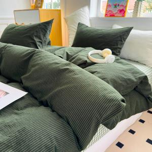 PinkMemory Green Striped Duvet Cover Queen 100% Washed Cotton Olive Green Stripes Duvet Cover Set Full 3pcs Pinstripe Pattern Bedding Set with Zipper Closure Corner Ties,Soft Breathable