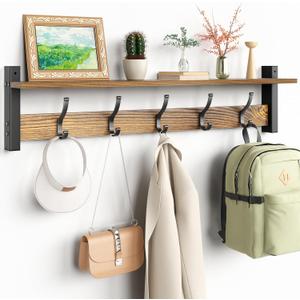 Optish Coat Rack Wall Mount with Shelf, 29 Inch Coat Hanger Walls Mounted, Hat Rack for Walls, Shelf with 5 Coat Hooks, Wall Hanger for Entryway (Brown)
