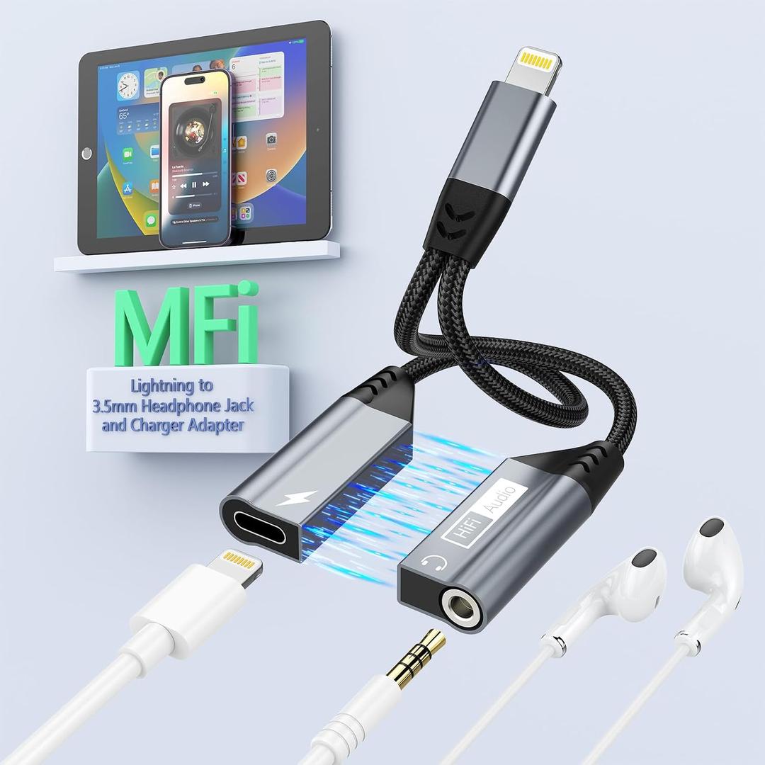 Magnetic Lightning to 3.5mm Headphone and Charger Adapter, [Apple MFi Certified] 2 in 1 Lightning Splitter Audio and Charge Support Music Control,iPhone Headphone Adapter for iPhone14/13/12/11/XS/XR
