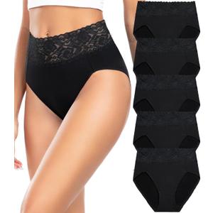 Wealurre Womens Underwear Cotton Bikini Panties for Women High Waisted Lace Hipster Stretch Briefs for Ladies 5 Pack (Large, Black)