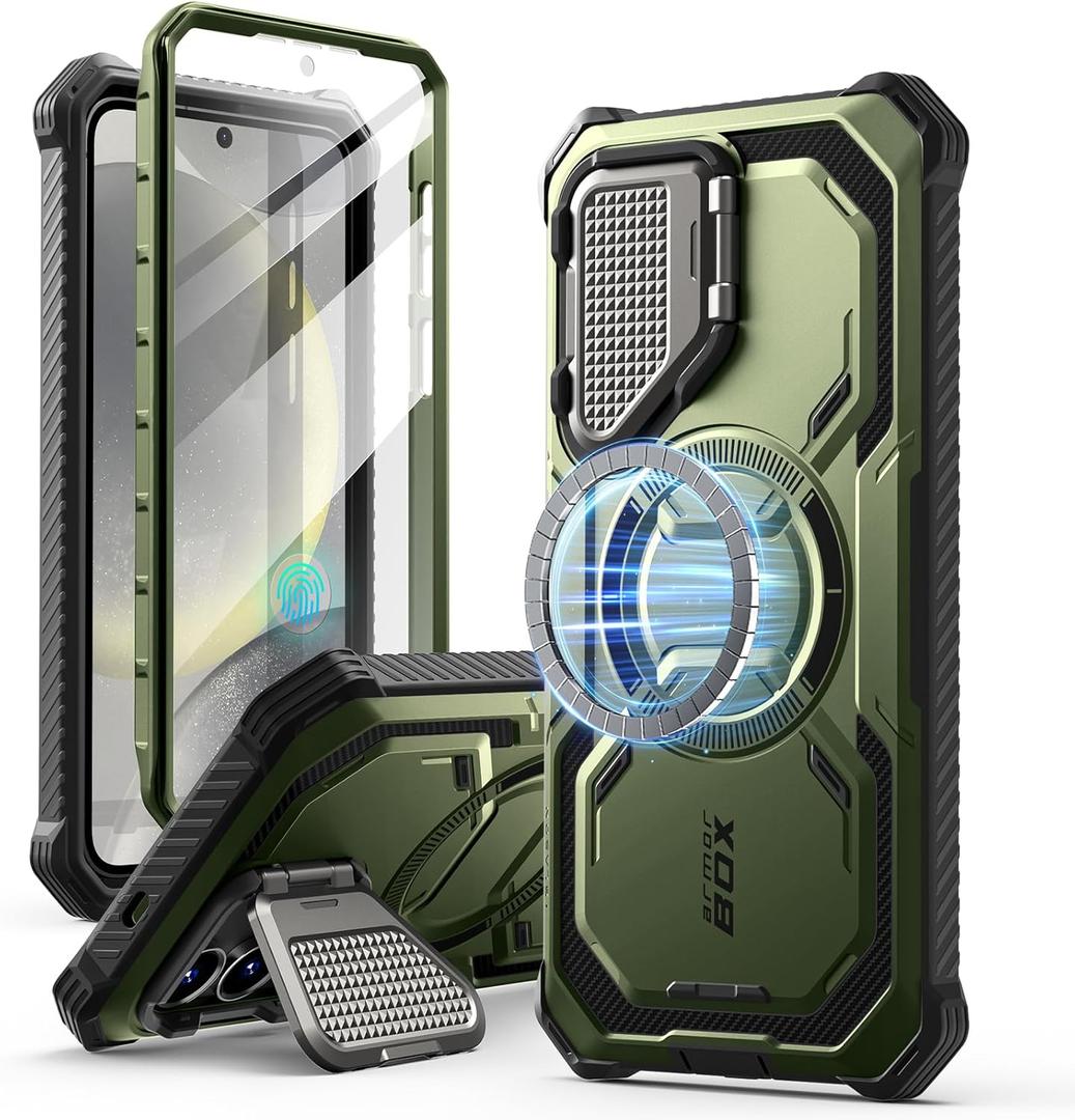 i-Blason for Samsung Galaxy S25 Case with Camera Cover Stand [MagSafe Compatible] [Built-in Screen Protector] Full-Body Military-Grade Protection Rugged Magnetic Phone Case for S25 6.2'', Green