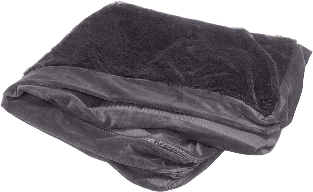Furhaven Replacement Dog Bed Cover Plush & Velvet L Shaped Chaise, Machine Washable - Platinum Gray, Jumbo (X-Large)