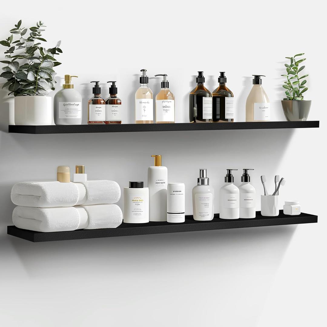 LaVie Home Floating Shelves, 47 Inch Wall Shelf Set of 2, Hanging Shelf with Invisible Brackets, Wall Decor for Bathroom, Bedroom, Living Room, Kitchen Storage, Classic Black