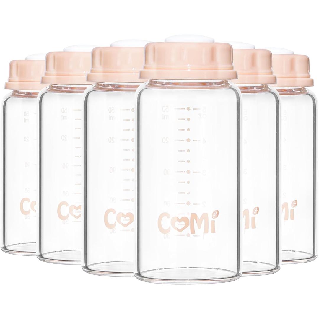 COMI Natural Glass Baby Bottle, Standard Neck Breastmilk Storage Bottle for Fridge, Breast Milk Container, Breast Pump Bottle Compatible with Medela Breast Pump, BPA Free, 6PCS (5oz,6 Pink Lids)