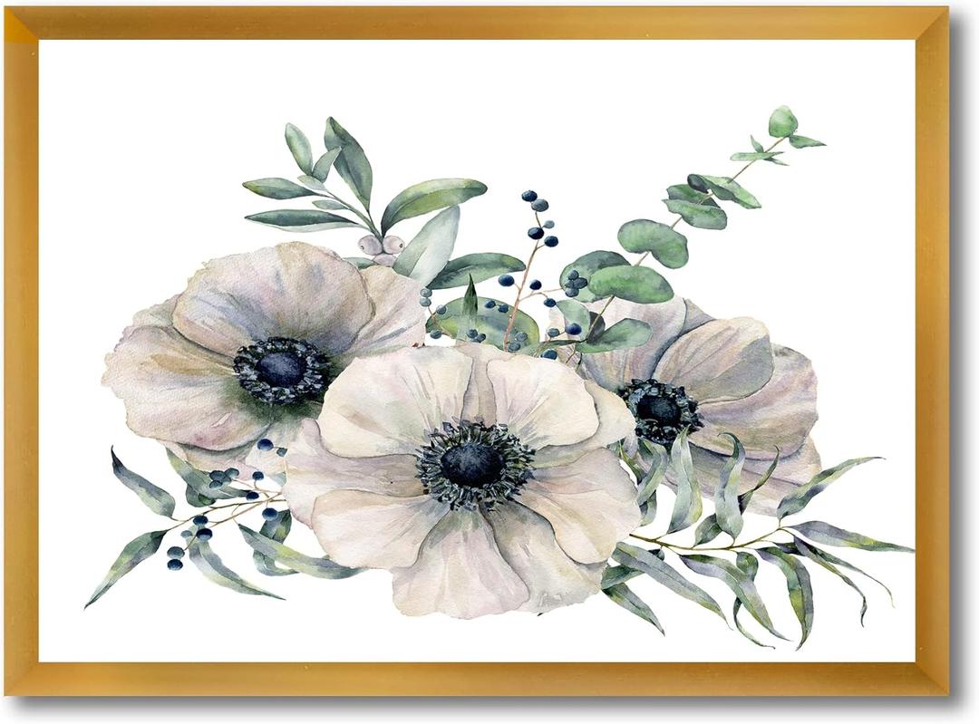 White Anemone Bouquet With Eucalyptus Leaves Traditional Framed Wall Art (32x32)