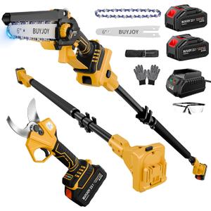 4-in-1 Pole Saw & Electric Pruning Shears, 6 Inch Mini Chainsaw for Tree Trimming, Cordless Pruning Shears with 9.5ft Max Extension Pole, 2 x 4.0Ah Battery Powered Pole Saw Pruner for Garden (Yellow)