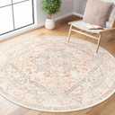 LIVEBOX Washable Peachy Pink Rug 5ft - Medallion Vintage Circle Rugs for Bedroom, Low-Pile Tribal Print Carpet for Nursery, Non-Slid Distress Floral Circular Rug for Living Room Kid's Room Entryway