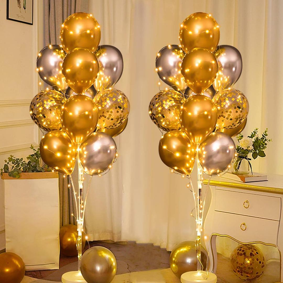 Balloon Stand Kit for Floor with String Light 2 Set Gold and Silver Centerpieces Balloon Holder Decoration for Wedding Adult Birthday Party Bachelorette Party Graduation