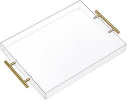 12"x16" Clear Acrylic Serving Tray with Golden Handles, Sturdy Huge Capacity Acrylic Tray for Coffee, Juice, Kitchen and Desk Organizer, Storage Tray (12"x16")