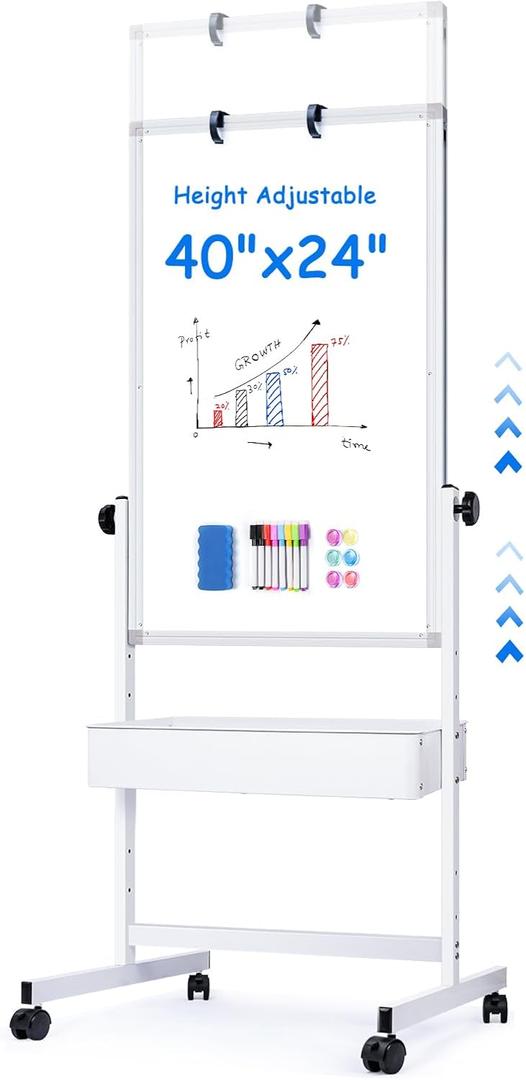 maxtek Mobile White Board Easel, 40x24 Inches Magnetic Storage Dry Erase Board Easel for Classroom, Rolling Height Adjustable Stand on Wheels for Home, School, Teachers & Kids