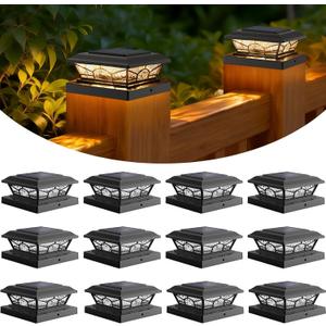 Brightever 4x4 3.5x3.5 Solar Post Cap Lights, 12-Pack Solar Powered Fence Post Light Outdoor Waterproof for Vinyl/Wooden Post, 2 Modes(Warm/Cool Light), Black Solar Deck Post Lights for Patio, Porch