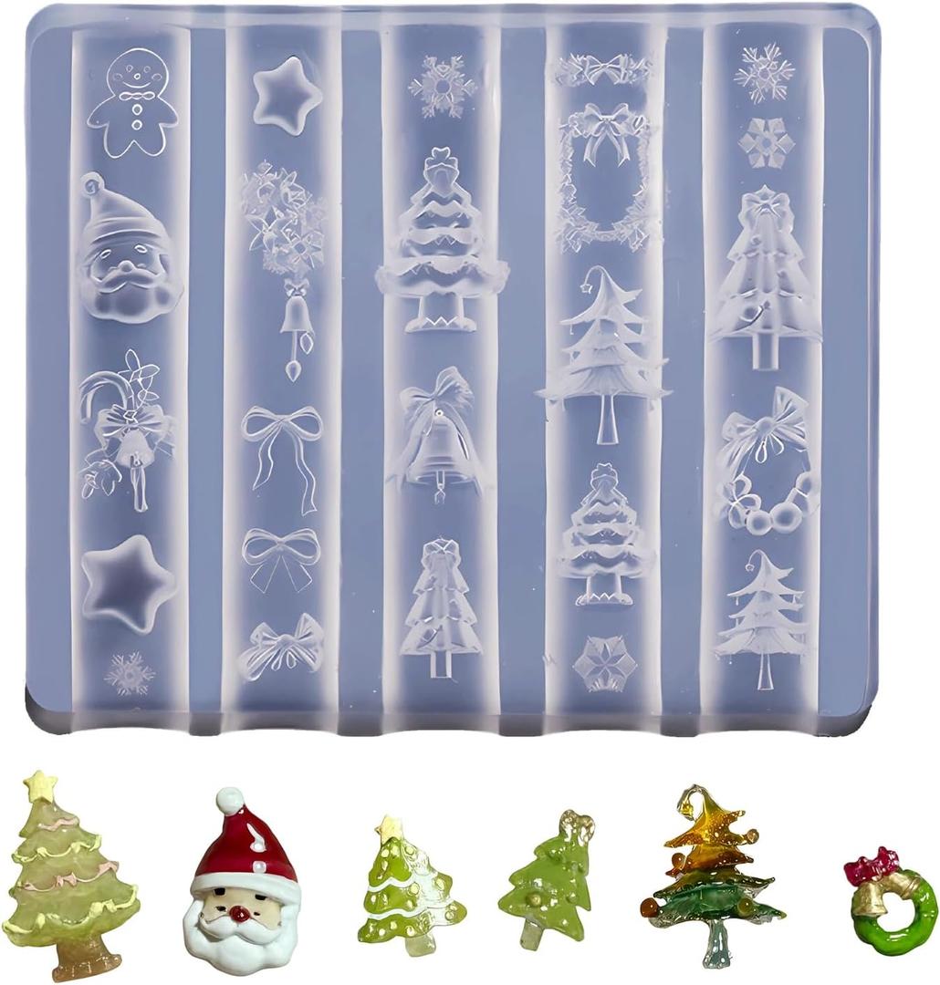 2 x Silicone Nail Molds Christmas 3D Nail Art Sculpture Templates, DIY Resin Mold for Nails Design with Santa Claus Bells Christmas Tree Snowflake Reusable Nail Carving Stencils Xmas Nail Charms Supplies