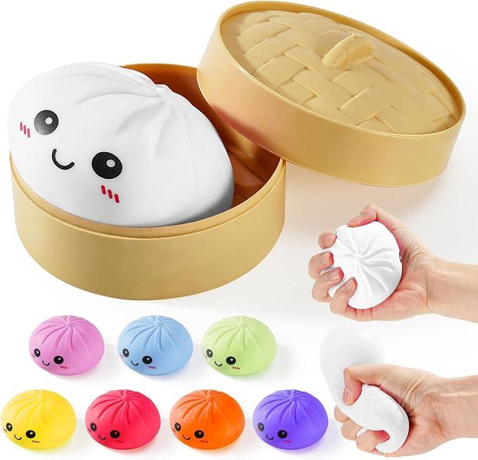 Dumpling Squishy, Mystery Squishy Dumpling Box, Soft Squeeze Dough Ball for Stress Relief, Stretchy Bun with Mini Food Steamer Desk Fidget Toy for Adults Office Home (White)