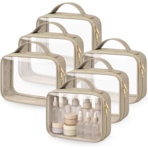 Abbylike 6 Pcs Clear Makeup Bags Bulk Tsa Approved PU Leather Toiletry Bag with Handles Quart Size PVC Clear Travel Cosmetic Case for Women Wedding Bridal DIY Gifts Bachelorette Party(Kahaki)