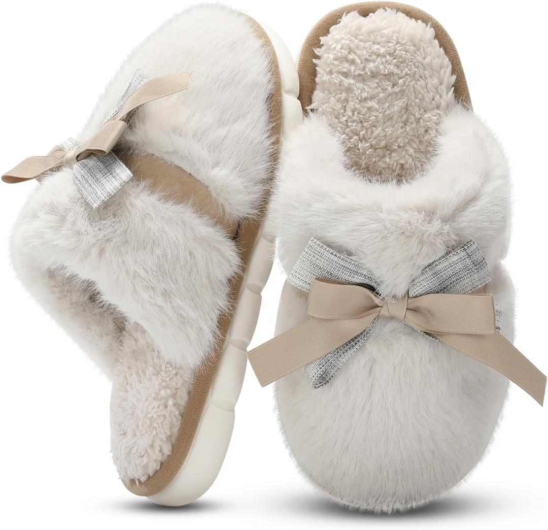 GOEWY Cute Women's Memory Foam House Slippers - Fuzzy Plush Faux Fur Slippers with Bow Butterfly Tie - Anti-Skid Indoor/Outdoor Gifts for Women, Moms & Ladies (9-10, Beige)
