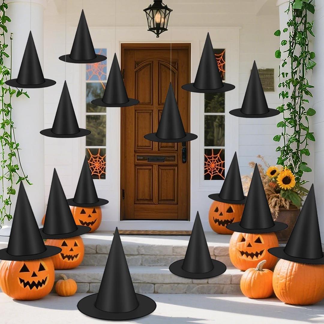 29 IYEBRAO 15 Pcs Halloween Decorative Witch Hats, Thick Black Witch Hats Bulk, With 147 FT Rope Hanging Witch Hat, Halloween Outdoor and Indoor Decoration Party Supplies, Witch Costume Accessories