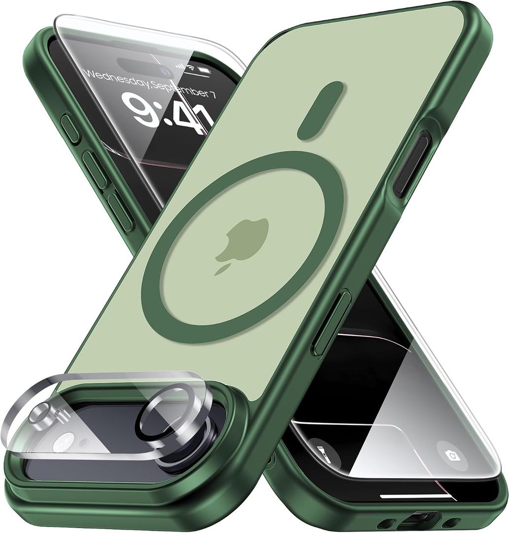 Yriklso 3 in 1 Strong Magnetic Case for iPhone Air,1X Screen Protector +1X Camera Lens, Protective Shockproof Cover,Phone Case for iPhone Air 6.5" Matte Green
