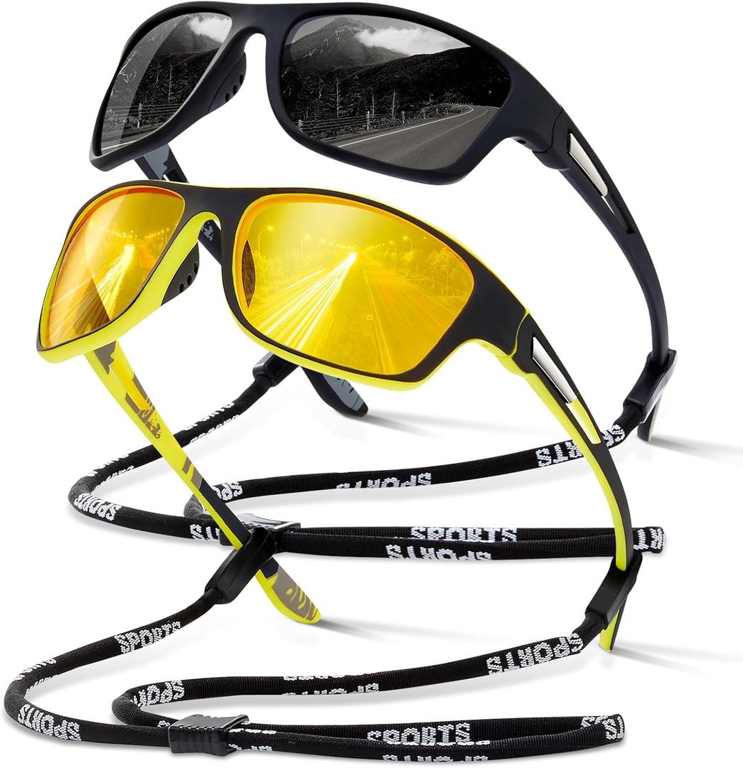 suoso Polarized Sports Sunglasses for Men: UV400 Protection Glasses Womens Wrap Around Goggles for Driving Fishing (Black&Yellow)