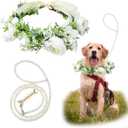 Dog Flower Collar, Dog Wedding Collar and Pearls Leash Set Adjustable Wreath Wedding Outfit Flower Collar Pet Photo Prop (Medium) (White)