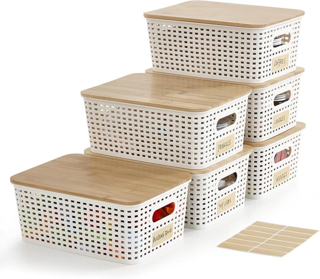 Small Plastic Storage Bins with Bamboo Lids 5.2qt Stackable Box Basket Pantry Decorative Containers Cute with Lable for Organizing Desktop Closet Office Cream White of 6 packs 10x7.2x4.1'
