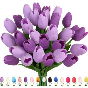 Artificial Tulips Flowers Fake Latex Tulip Stems - 30pcs Real Touch Faux Multicolor Tulips Flower for Easter Spring Wedding Bouquet Centerpiece Floral Arrangement Cemetery Table Decor