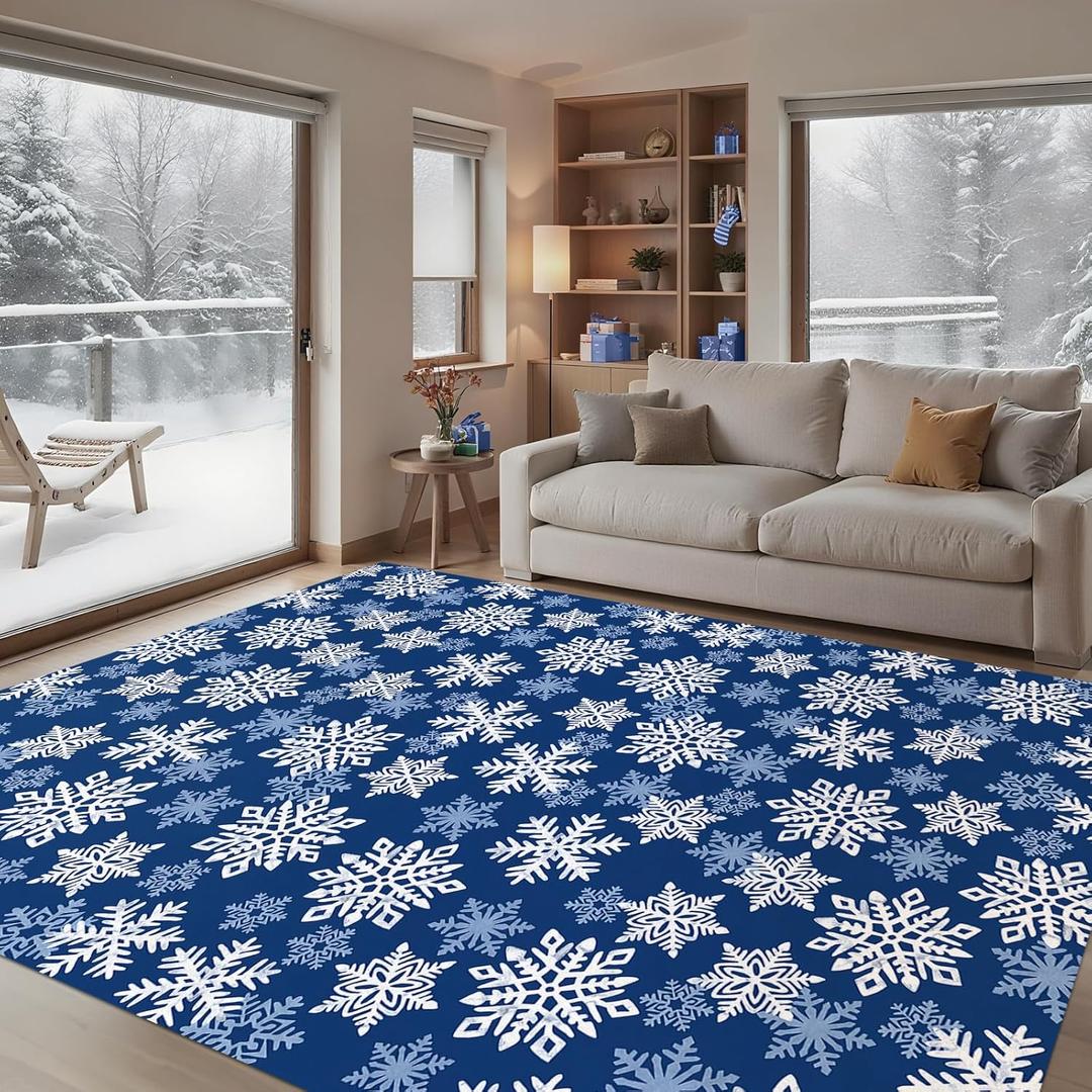 Winter Snowflake Blue Washable Area Rug 5 x 7 Ft, Christmas Snow Soft Non Slip Large Rugs Indoor Home Decor, Seasonal Entryway Floor Carpet Living Room Bedroom Kitchen Dining Room Decoration