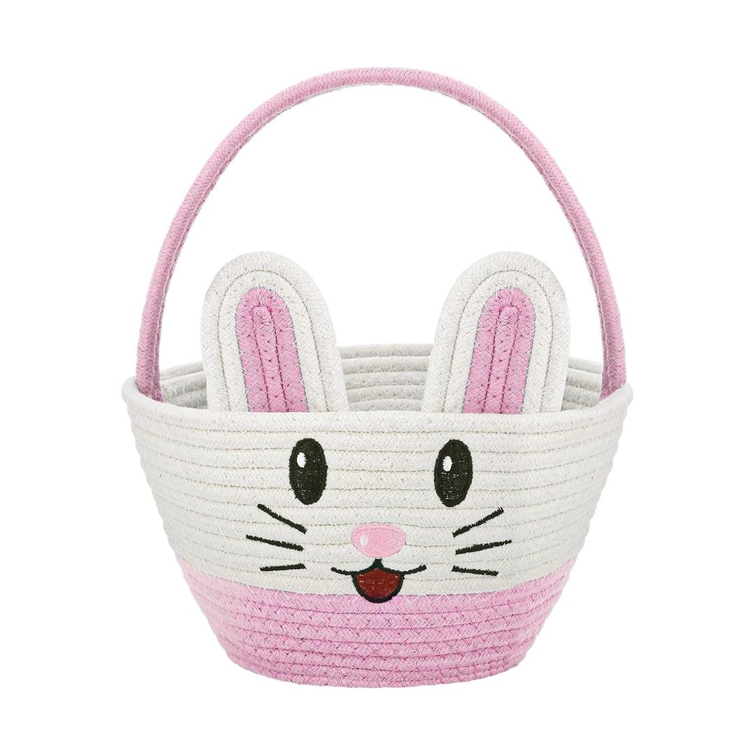 Easter Baskets for Kids Pink Easter Bunny Basket with Rabbit Ears for Girls Baby Eggs Hunt Basket Stuffers 9.8" x6.3" x5.9"