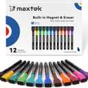 maxtek Magnetic Dry Erase Markers with Eraser - 12 Count Colorful Fine Tip Whiteboard Markers for Kids, Low Odor Whiteboard Markers for Calendar Boards White Board