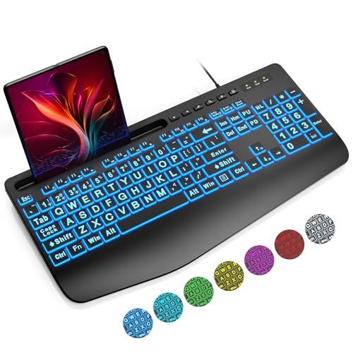 SABLUTE K21 Pro Large Print Backlit Keyboard, Wired USB Computer Keyboards with 7-Colors Backlight, Wrist Rest, Phone Holder, Oversized Letter Keys Easy to See and Type for Laptop, PC, Windows, Black
