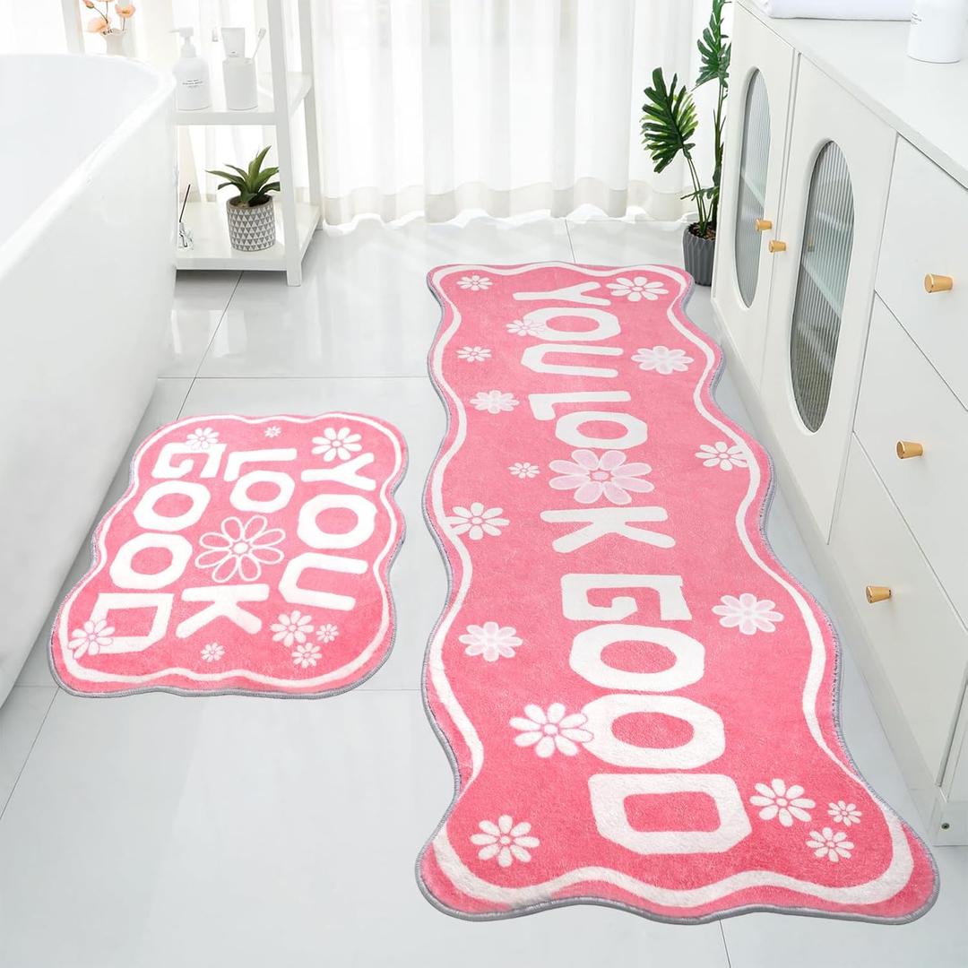 Pink Bathroom Decor Bath Runner Rugs 19" x 59" + 20" x 24" You Look Good Mats, 2 Piece Soft Non Slip Shower Mat Cool Bath Rug Carpet Washable Bathmat for Floor