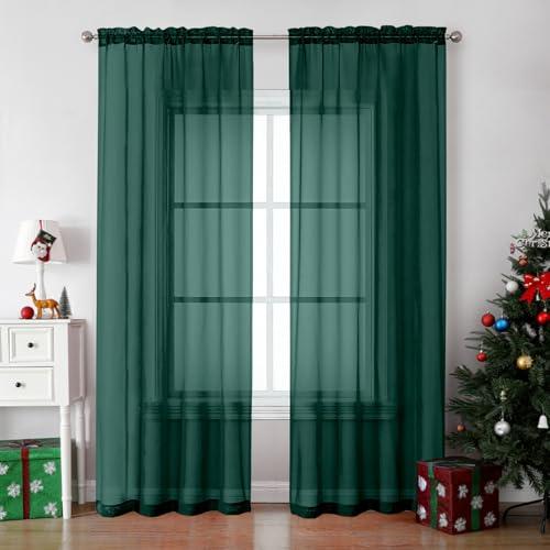 OVZME Hunter Green Sheer Curtains 84 Inches Long 2 Panels - Soft Light Filtering Christmas Sheer Panels for Living Room/Bedroom, Top Dual Rod Pocket, 1 Pair, Each 42Wx84L