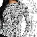 YYA Women's Sheer Long Sleeve Tops Letter Print See Through Mesh Blouse Sexy Y2K Vintage Style T-Shirt for Casual&Party S-XXL (M)