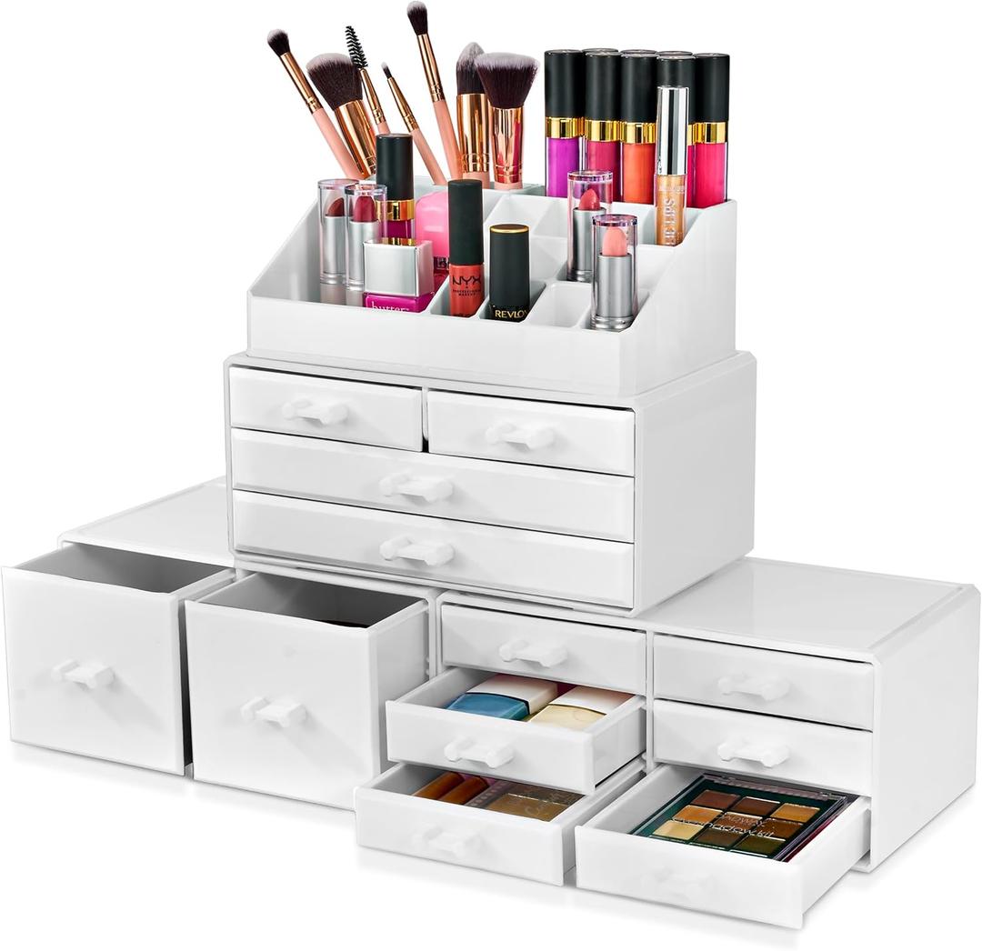 Sorbus Large Makeup Organizer - Stackable Jewelry & Makeup Organizer For Vanity, Bathroom Storage, Dresser - 12 Drawers Cosmetic Beauty Organizers and Storage with Lipstick, Makeup Brush Holder (Deluxe, White)