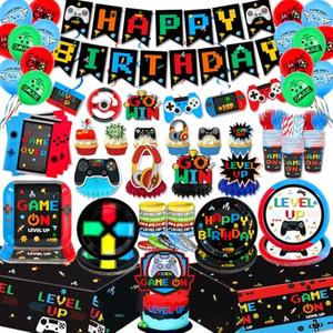 Gamer Birthday Party Decorations Video Game Plates and Napkins Cups GO WIN Honeycomb Centerpieces Hanging Swirls Balloons Cake Toppers LEVEL UP Bracelets Tablecloth Gaming Birthday Party Supplies