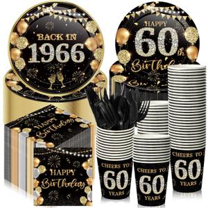 240 Pcs 60th Birthday Decorations 1966 Birthday Party Tableware Include Plates Napkins 9oz Cups Cutlery 60th Anniversary Party Supplies for Men Women Him Her, Serve 30 Guests (Black Gold)