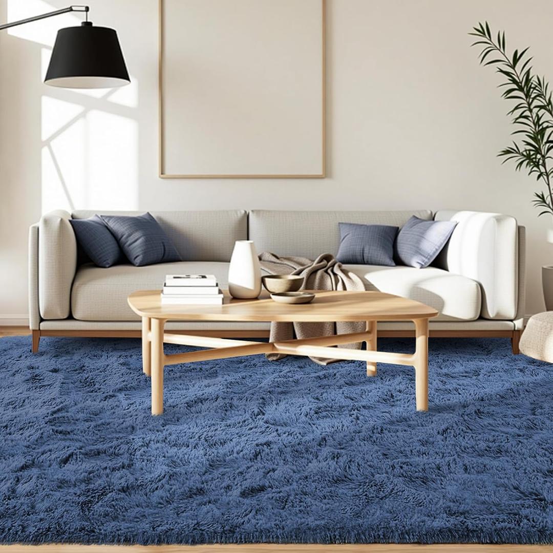 FinRec Dark Blue Rug for Bedroom Living Room, 5x8 Feet High Pile Plush Area Rug, Non-Slip Soft Fluffy Carpet for Nursery Kids Room Dorm Room Home Decor, Indoor Fuzzy Floor Rugs