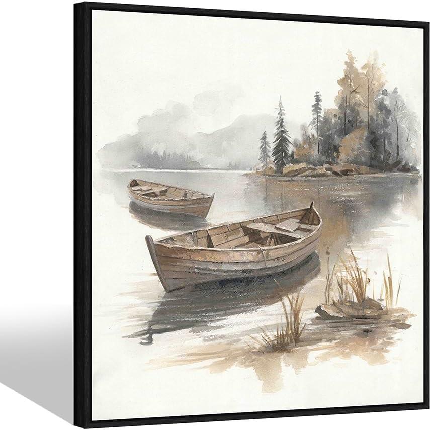 Lake Landscape Canvas Wall Art: Modern Nature Tree Painting Framed Abstract Forest Boat Scene Print Decor Hand Painted Contemporary Gallery Picture Texture Artwork for Home Bedroom Living Room