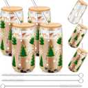 FillTouch 4 Pcs Christmas Color Changing Cup 16 oz Christmas Color Changing Glass Cup with Lids and Straws Cute Reusable Travel Tumbler Iced Coffee Mug for Xmas Party Gift